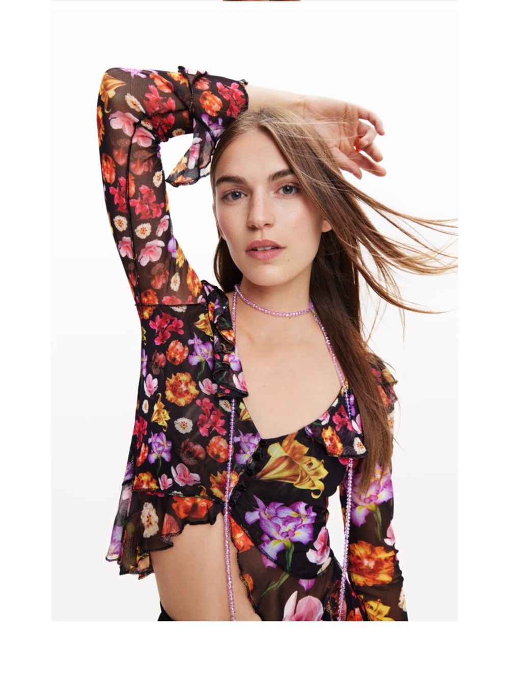 Desigual Mesh Sheer Dark Floral Garden Top Size SMALL